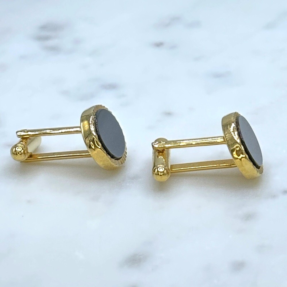 Vintage Oval Black Center & Gold Tone Bullet Back Elegant Formal Cufflinks - Picture 6 of 10